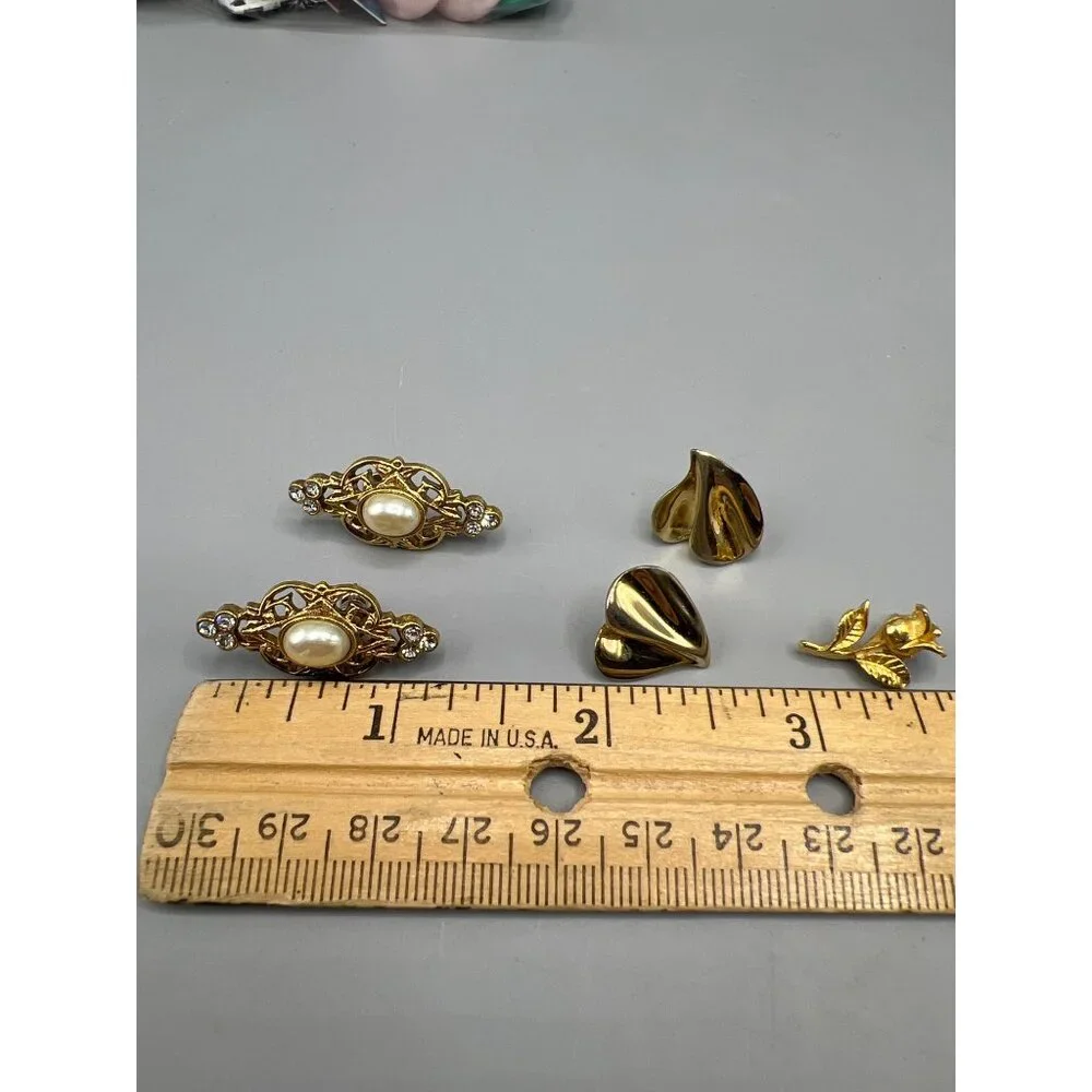 90s Gold-Tone & Pearl Earrings Set Rhinestones Floral Designs & Small Rose Pin - Picture 5 of 11